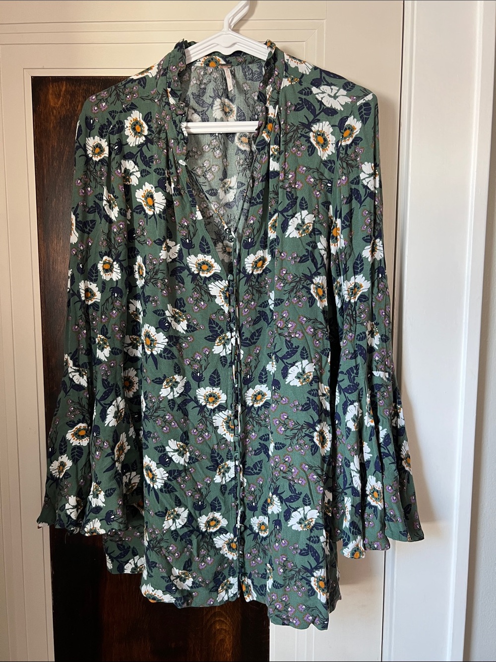 Free People Olive Green Floral V-Neck Bell Sleeve Blouse